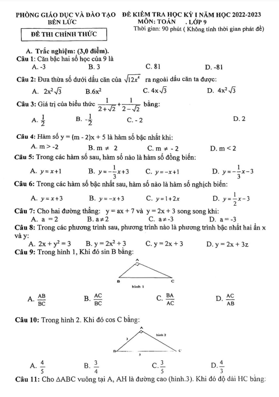 Đề học kỳ 1 Toán 9 năm 2022 – 2023 phòng GD&ĐT Bến Lức – Long An