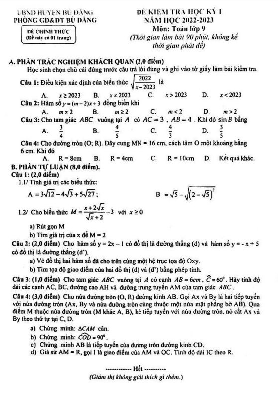 Đề học kỳ 1 Toán 9 năm 2022 – 2023 phòng GD&ĐT Bù Đăng – Bình Phước