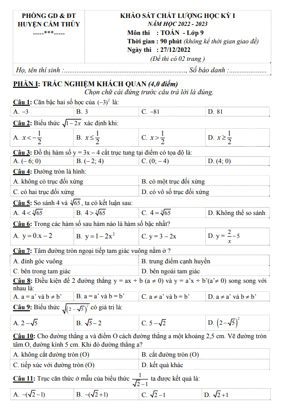 Đề học kỳ 1 Toán 9 năm 2022 – 2023 phòng GD&ĐT Cẩm Thủy – Thanh Hoá