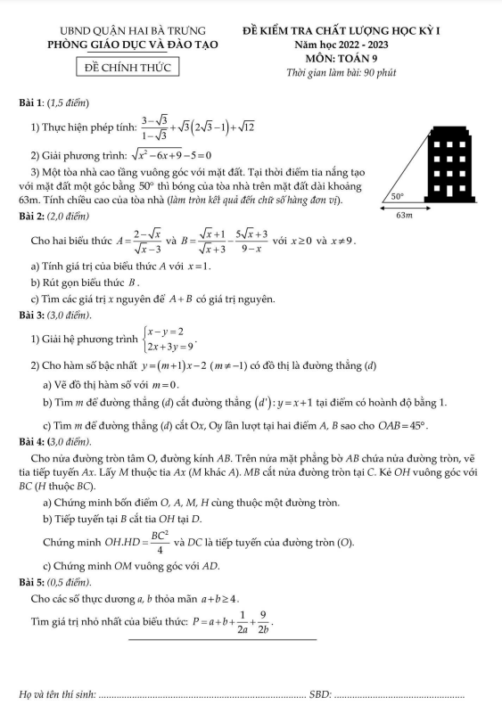 Đề học kỳ 1 Toán 9 năm 2022 – 2023 phòng GD&ĐT Hai Bà Trưng – Hà Nội