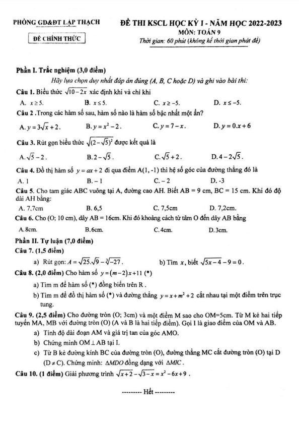 Đề học kỳ 1 Toán 9 năm 2022 – 2023 phòng GD&ĐT Lập Thạch – Vĩnh Phúc