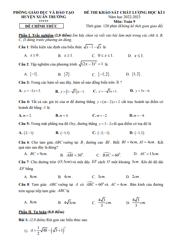 Đề học kỳ 1 Toán 9 năm 2022 – 2023 phòng GD&ĐT Xuân Trường – Nam Định