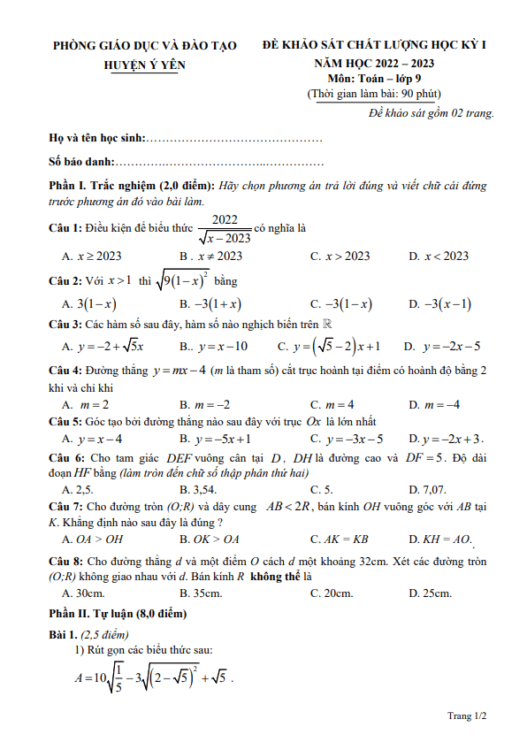 Đề học kỳ 1 Toán 9 năm 2022 – 2023 phòng GD&ĐT Ý Yên – Nam Định