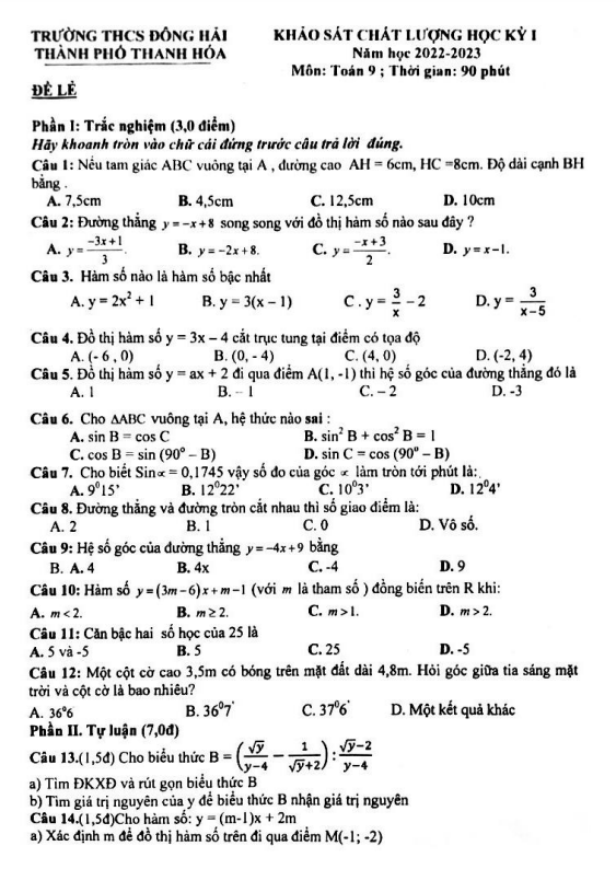 Đề học kỳ 1 Toán 9 năm 2022 – 2023 trường THCS Đông Hải – Thanh Hóa