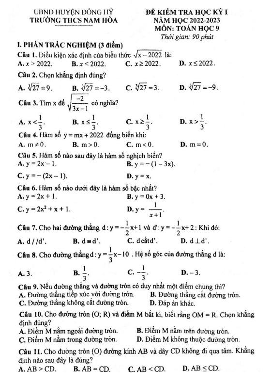 Đề học kỳ 1 Toán 9 năm 2022 – 2023 trường THCS Nam Hòa – Thái Nguyên