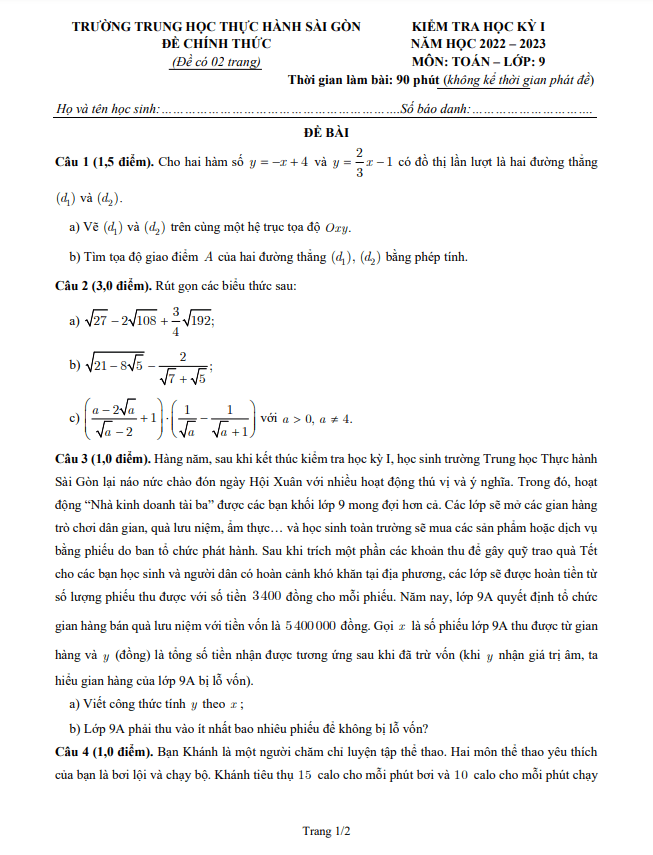 Đề học kỳ 1 Toán 9 năm 2022 – 2023 trường Thực hành Sài Gòn – TP HCM