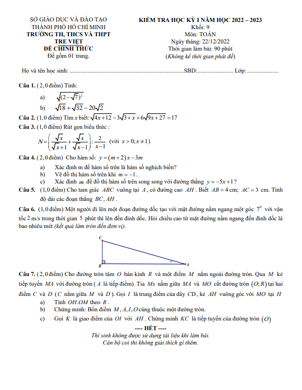 Đề học kỳ 1 Toán 9 năm 2022 – 2023 trường Tre Việt – TP HCM