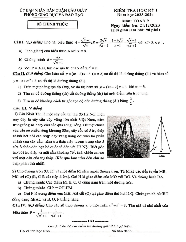 Đề học kỳ 1 Toán 9 năm 2023 – 2024 phòng GD&ĐT Cầu Giấy – Hà Nội