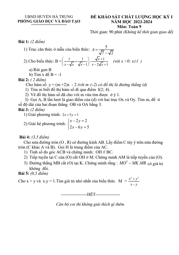 Đề học kỳ 1 Toán 9 năm 2023 – 2024 phòng GD&ĐT Hà Trung – Thanh Hóa