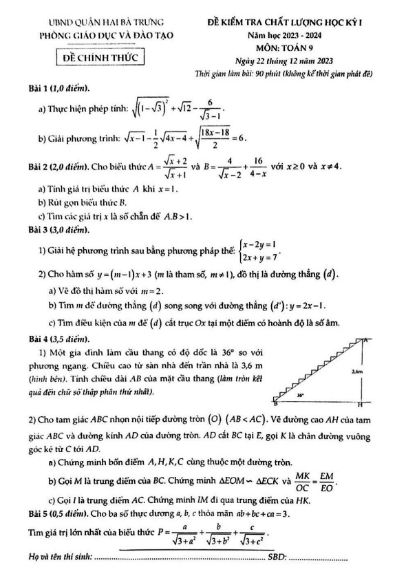 Đề học kỳ 1 Toán 9 năm 2023 – 2024 phòng GD&ĐT Hai Bà Trưng – Hà Nội