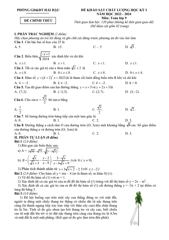 Đề học kỳ 1 Toán 9 năm 2023 – 2024 phòng GD&ĐT Hải Hậu – Nam Định