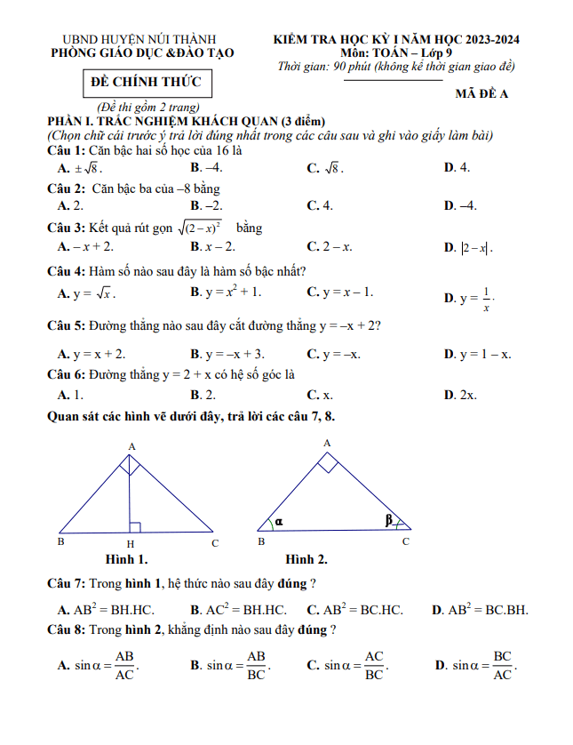 Đề học kỳ 1 Toán 9 năm 2023 – 2024 phòng GD&ĐT Núi Thành – Quảng Nam