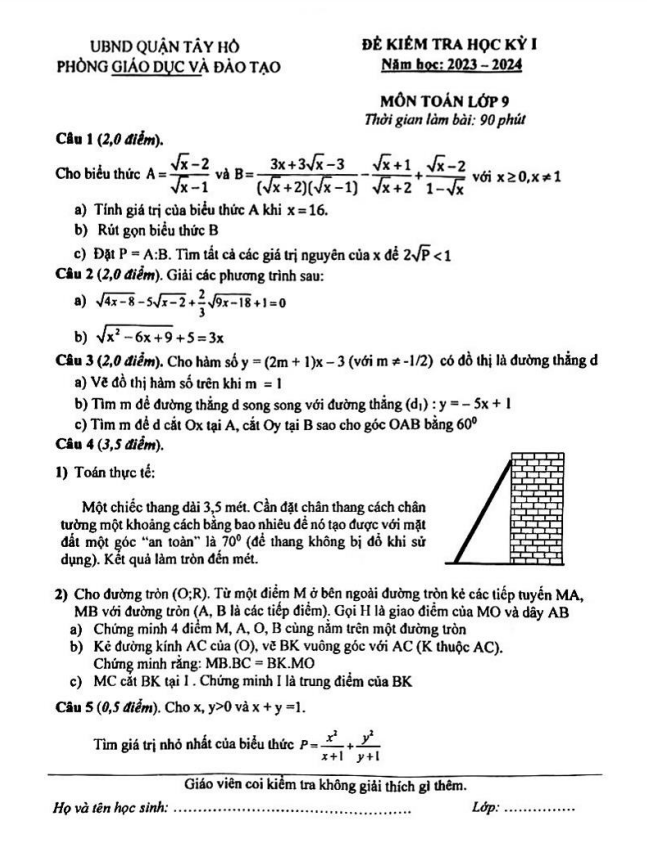 Đề học kỳ 1 Toán 9 năm 2023 – 2024 phòng GD&ĐT Tây Hồ – Hà Nội