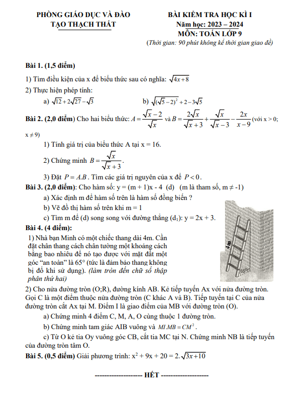 Đề học kỳ 1 Toán 9 năm 2023 – 2024 phòng GD&ĐT Thạch Thất – Hà Nội