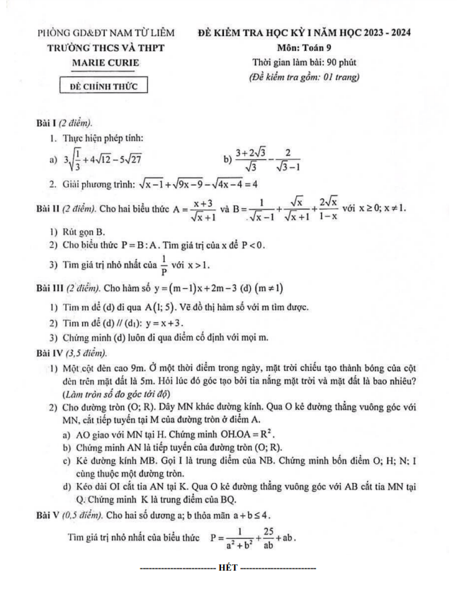 Đề học kỳ 1 Toán 9 năm 2023 – 2024 trường Marie Curie – Hà Nội