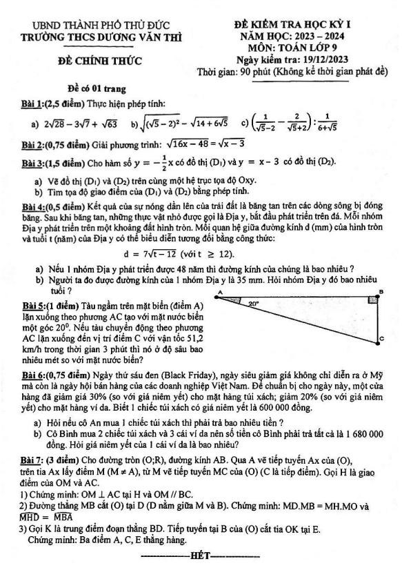 Đề học kỳ 1 Toán 9 năm 2023 – 2024 trường THCS Dương Văn Thì – TP HCM