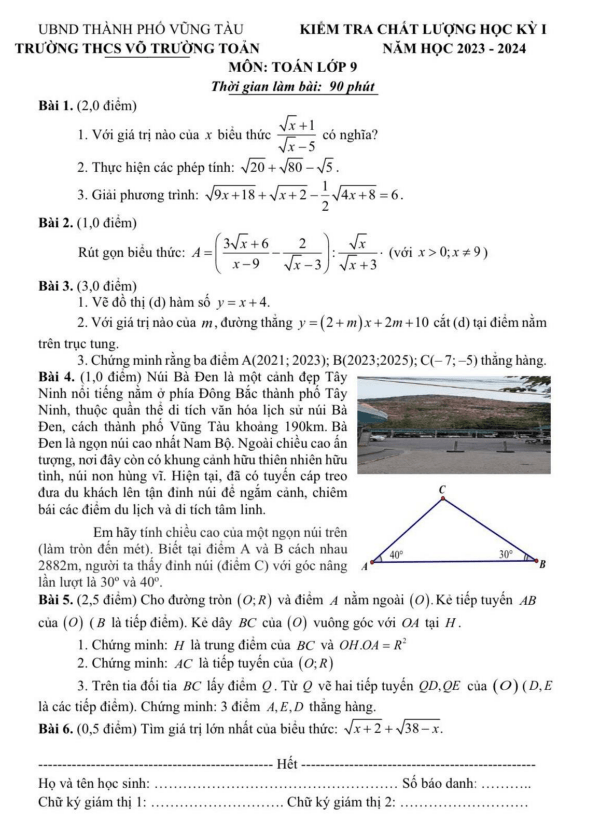 Đề học kỳ 1 Toán 9 năm 2023 – 2024 trường THCS Võ Trường Toản – BR VT