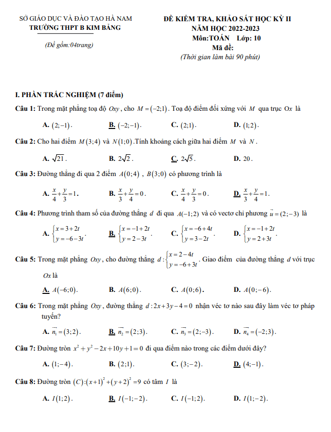 Đề học kỳ 2 Toán 10 năm 2022 – 2023 trường THPT B Kim Bảng – Hà Nam