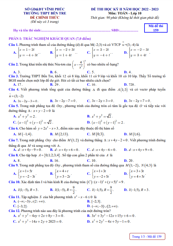 Đề học kỳ 2 Toán 10 năm 2022 – 2023 trường THPT Bến Tre – Vĩnh Phúc
