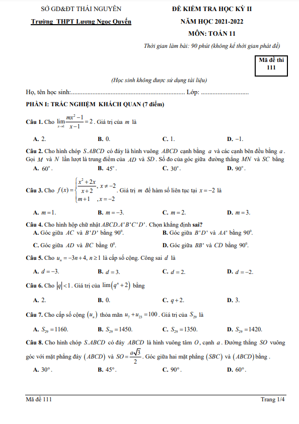 Đề học kỳ 2 Toán 11 năm 2021 – 2022 trường Lương Ngọc Quyến – Thái Nguyên