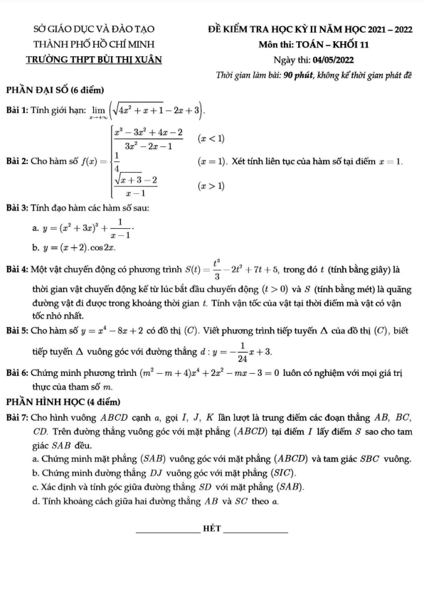 Đề học kỳ 2 Toán 11 năm 2021 – 2022 trường THPT Bùi Thị Xuân – TP HCM