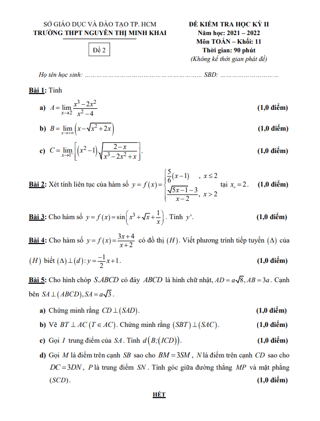 Đề học kỳ 2 Toán 11 năm 2021 – 2022 trường THPT Nguyễn Thị Minh Khai – TP HCM