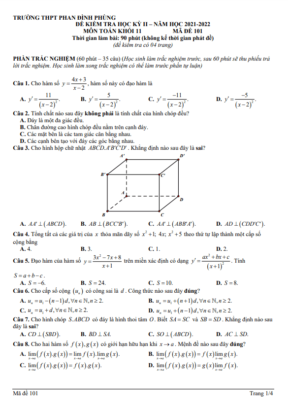 Đề học kỳ 2 Toán 11 năm 2021 – 2022 trường THPT Phan Đình Phùng – Hà Nội