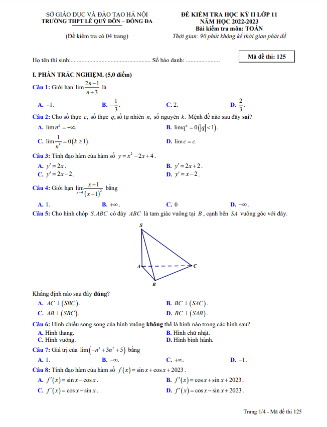 Đề học kỳ 2 Toán 11 năm 2022 – 2023 trường THPT Lê Quý Đôn – Hà Nội
