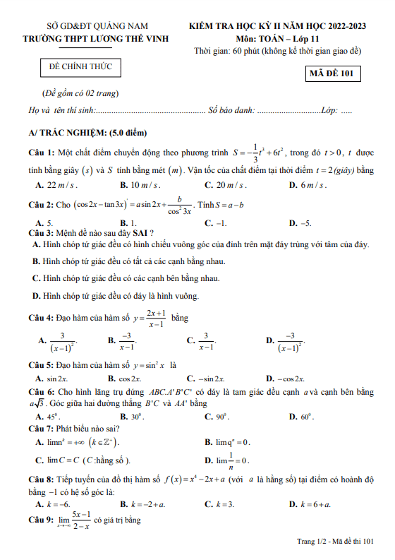 Đề học kỳ 2 Toán 11 năm 2022 – 2023 trường THPT Lương Thế Vinh – Quảng Nam