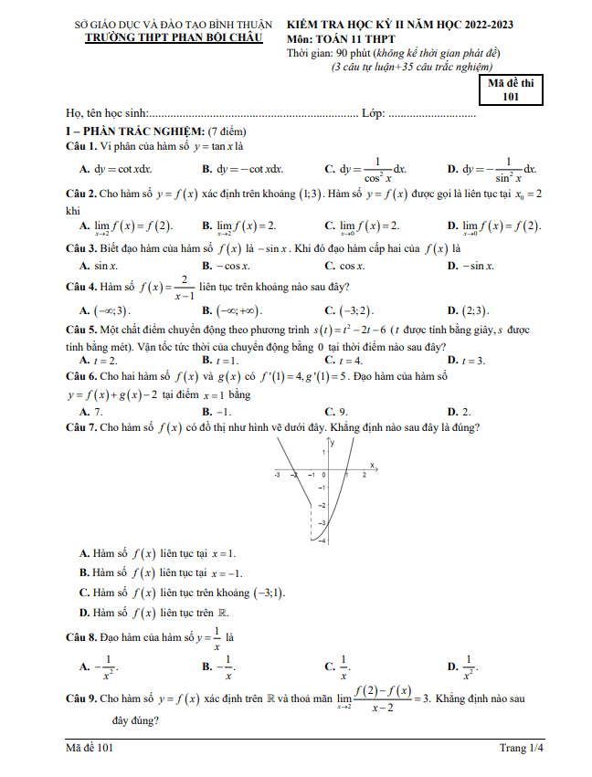 Đề học kỳ 2 Toán 11 năm 2022 – 2023 trường THPT Phan Bội Châu – Bình Thuận
