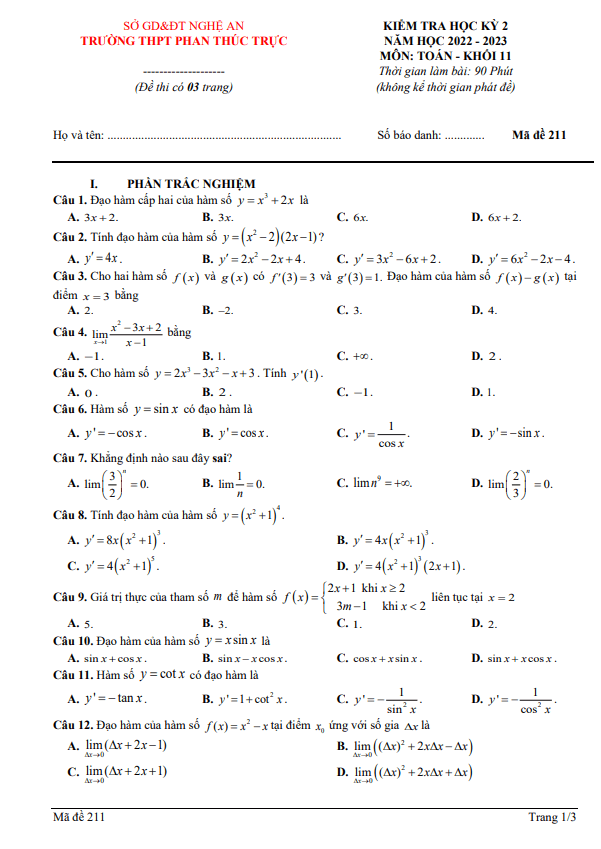 Đề học kỳ 2 Toán 11 năm 2022 – 2023 trường THPT Phan Thúc Trực – Nghệ An