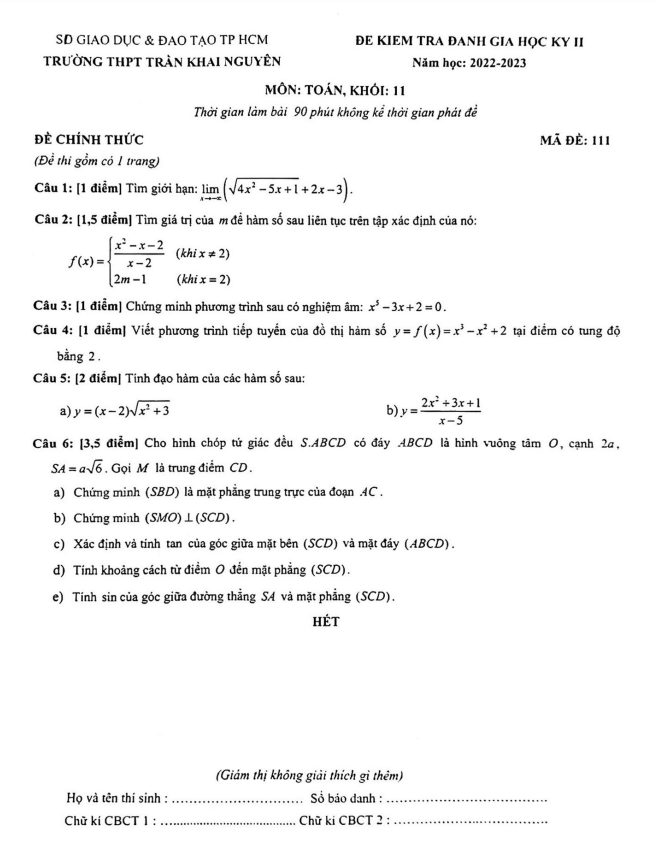 Đề học kỳ 2 Toán 11 năm 2022 – 2023 trường THPT Trần Khai Nguyên – TP HCM