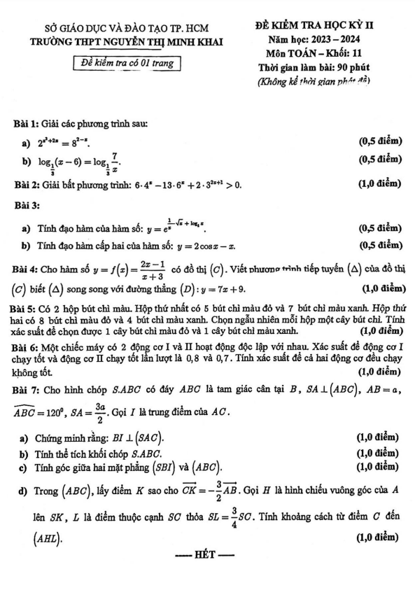 Đề học kỳ 2 Toán 11 năm 2023 – 2024 trường THPT Nguyễn Thị Minh Khai – TP HCM