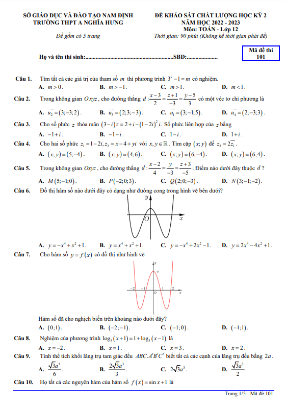 Đề học kỳ 2 Toán 12 năm 2022 – 2023 trường THPT A Nghĩa Hưng – Nam Định