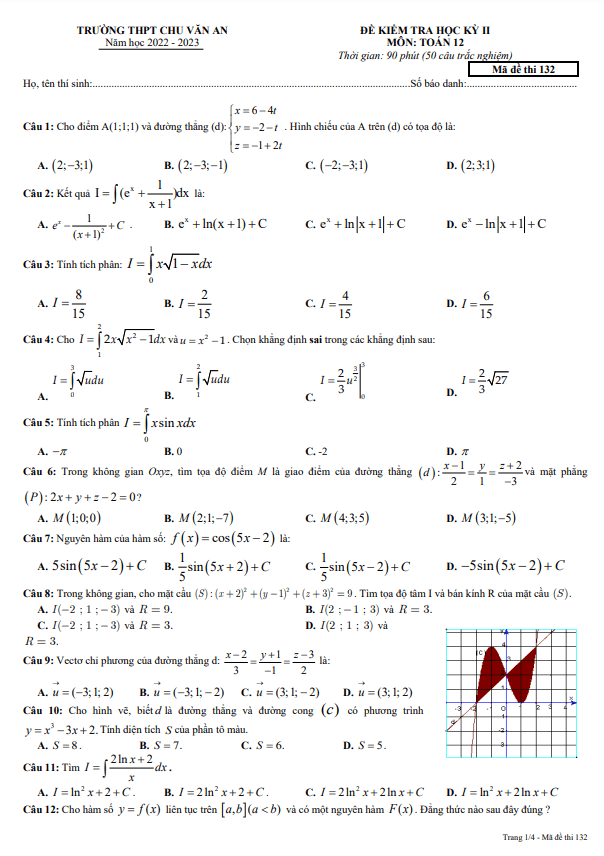 Đề học kỳ 2 Toán 12 năm 2022 – 2023 trường THPT Chu Văn An – Đắk Nông
