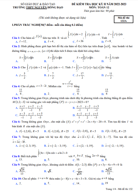 Đề học kỳ 2 Toán 12 năm 2022 – 2023 trường THPT Nguyễn Hồng Đạo – Bình Định