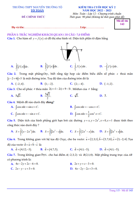 Đề học kỳ 2 Toán 12 năm 2022 – 2023 trường THPT Nguyễn Trường Tộ – TT Huế