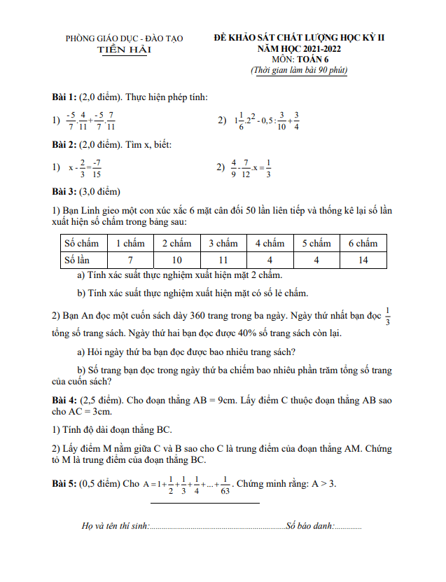 Đề học kỳ 2 Toán 6 năm 2021 – 2022 phòng GD&ĐT Tiền Hải – Thái Bình