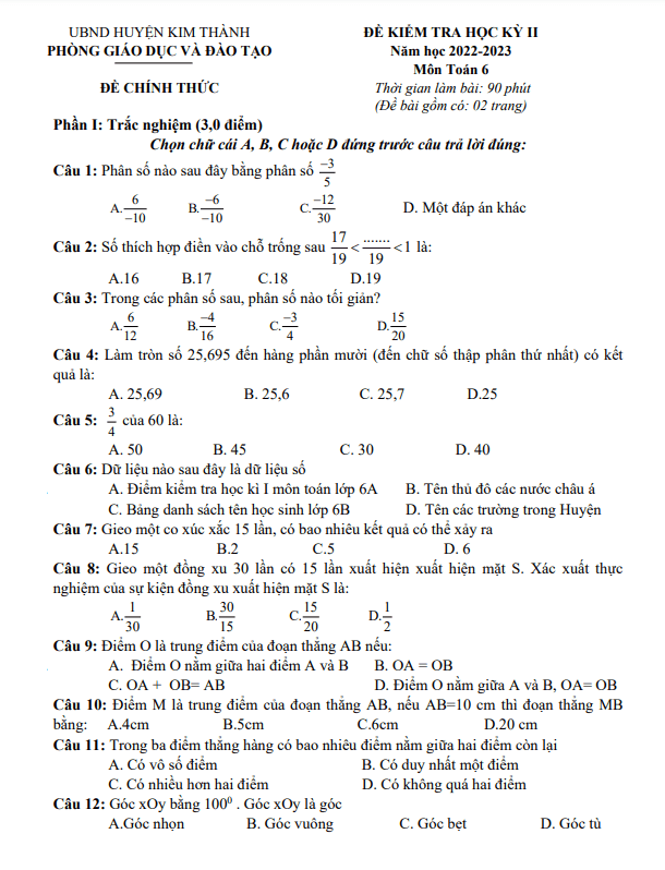Đề học kỳ 2 Toán 6 năm 2022 – 2023 phòng GD&ĐT Kim Thành – Hải Dương