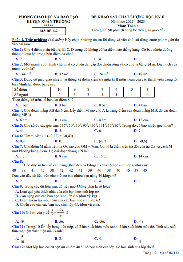Đề học kỳ 2 Toán 6 năm 2022 – 2023 phòng GD&ĐT Xuân Trường – Nam Định