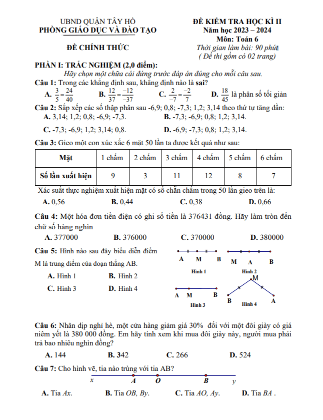 Đề học kỳ 2 Toán 6 năm 2023 – 2024 phòng GD&ĐT Tây Hồ – Hà Nội