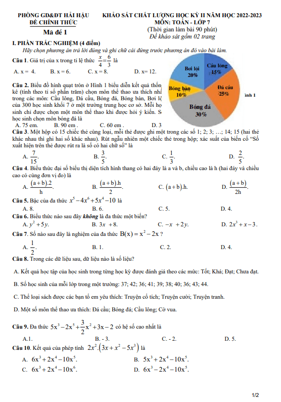 Đề học kỳ 2 Toán 7 năm 2022 – 2023 phòng GD&ĐT Hải Hậu – Nam Định