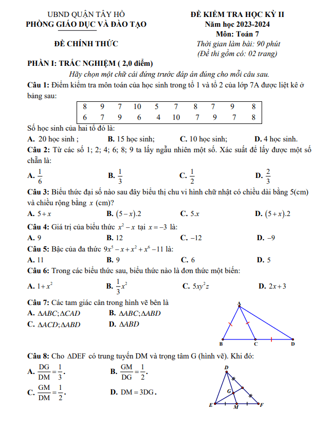 Đề học kỳ 2 Toán 7 năm 2023 – 2024 phòng GD&ĐT Tây Hồ – Hà Nội