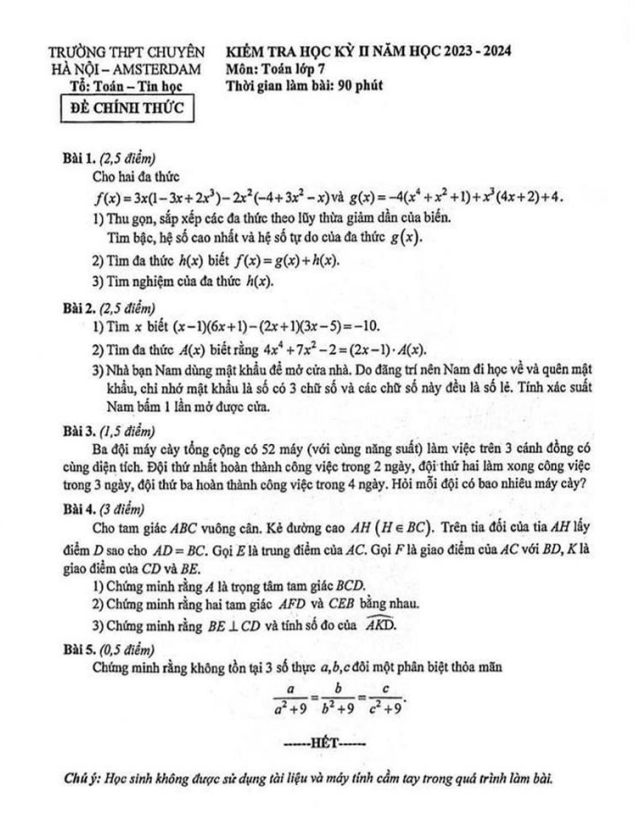 Đề học kỳ 2 Toán 7 năm 2023 – 2024 trường THPT chuyên Hà Nội – Amsterdam