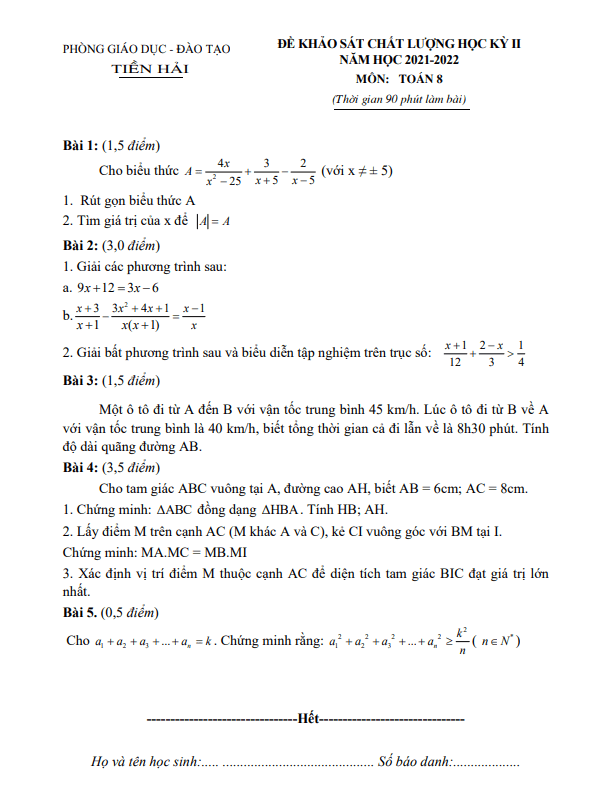 Đề học kỳ 2 Toán 8 năm 2021 – 2022 phòng GD&ĐT Tiền Hải – Thái Bình