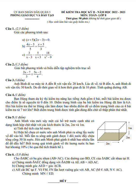 Đề học kỳ 2 Toán 8 năm 2022 – 2023 phòng GD&ĐT quận 5 – TP HCM