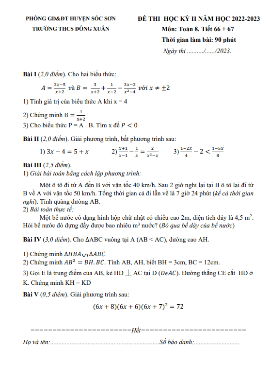 Đề học kỳ 2 Toán 8 năm 2022 – 2023 trường THCS Đông Xuân – Hà Nội