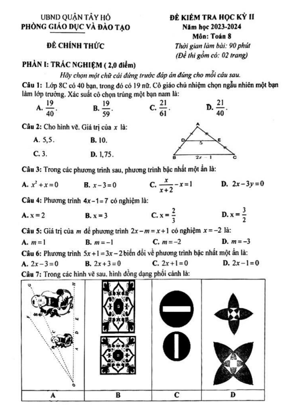 Đề học kỳ 2 Toán 8 năm 2023 – 2024 phòng GD&ĐT Tây Hồ – Hà Nội