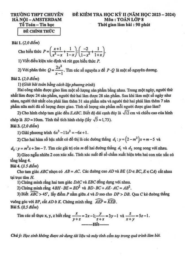 Đề học kỳ 2 Toán 8 năm 2023 – 2024 trường THPT chuyên Hà Nội – Amsterdam