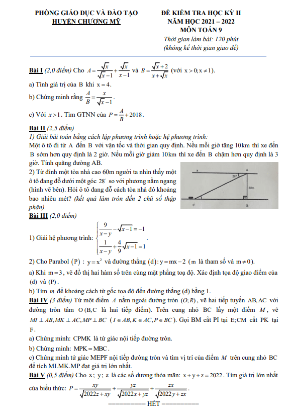 Đề học kỳ 2 Toán 9 năm 2021 – 2022 phòng GD&ĐT Chương Mỹ – Hà Nội